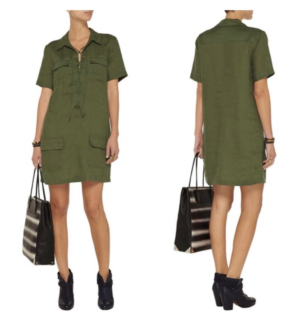 Equipment Green Linen Safari Mini Dress Size Medium Lace Up Lightweight Beach